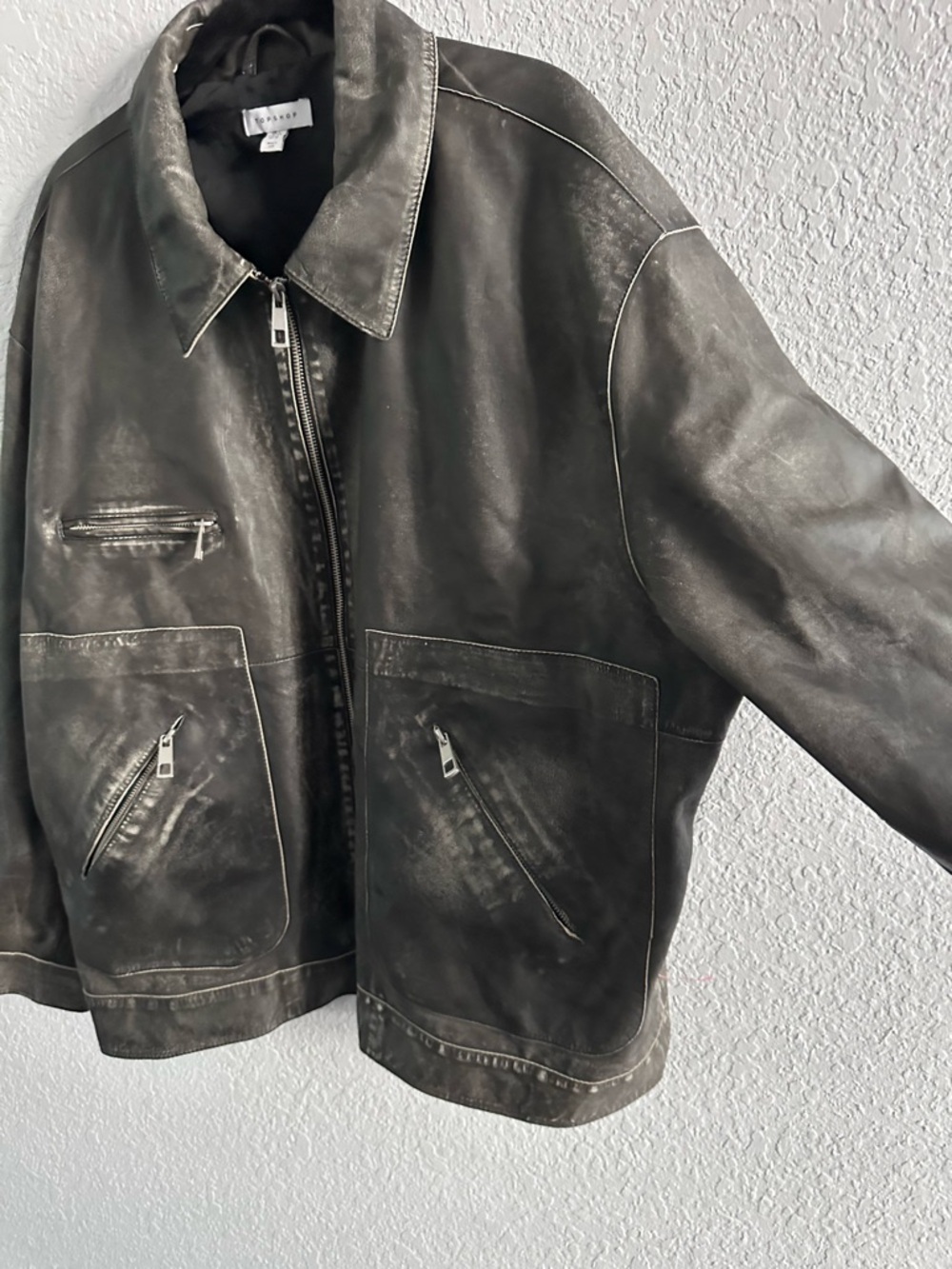 Topshop Real Leather Distressed Black Jacket Oversized Zip Utility Moto Size 12 - Picture 4 of 12